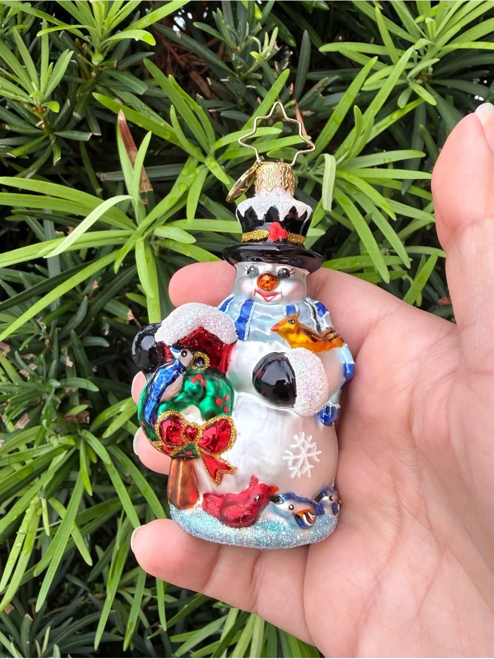 Christopher Radko Glass Snowman Ornament with Multi-Color Birds and Wreath